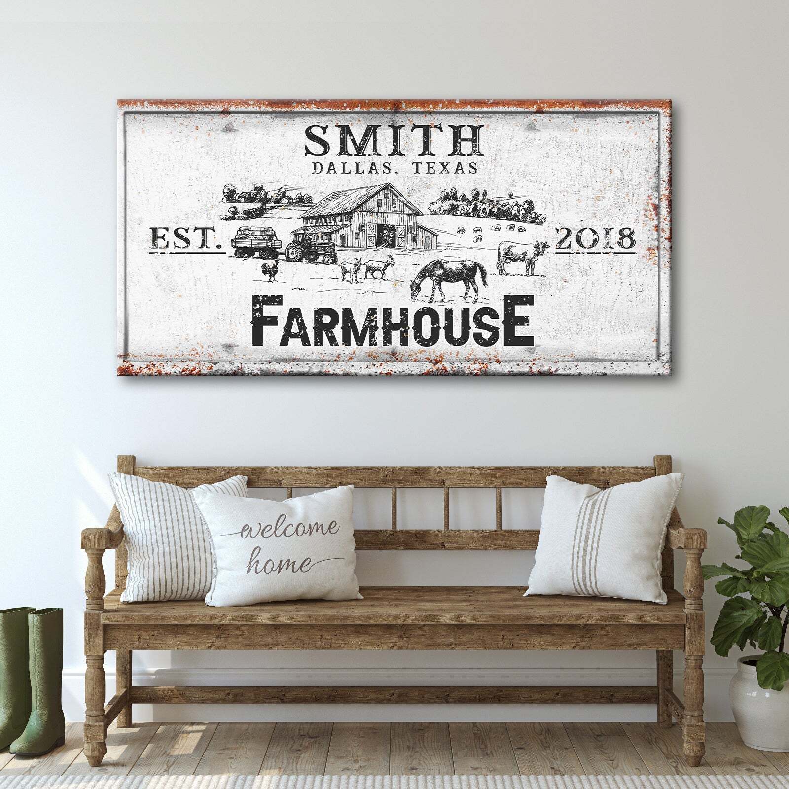 Rustic Farmhouse Sign II canvas by Tailored Canvases with distressed white and rust edges on Tampa Home & Garden Store