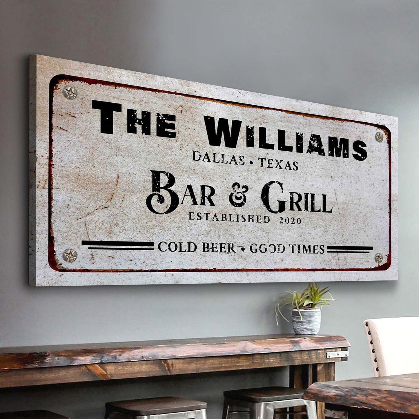 Bar and Grill Sign VII canvas wall art by Tailored Canvases, weathered sign with black text on Tampa Home & Garden Store