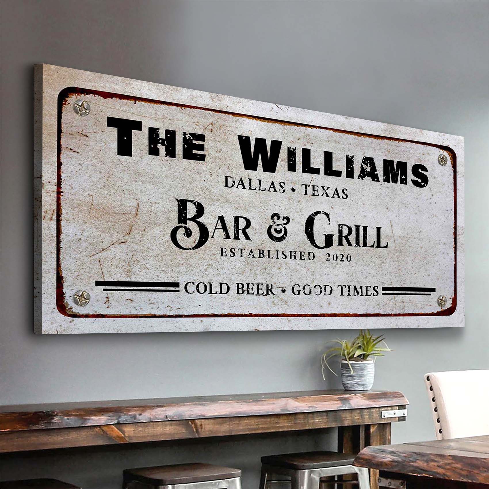 Bar and Grill Sign VII canvas wall art by Tailored Canvases, weathered sign with black text on Tampa Home & Garden Store