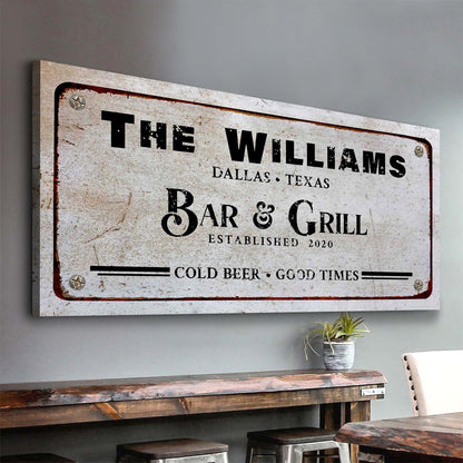 Bar and Grill Sign VII canvas wall art by Tailored Canvases, weathered sign with black text on Tampa Home & Garden Store