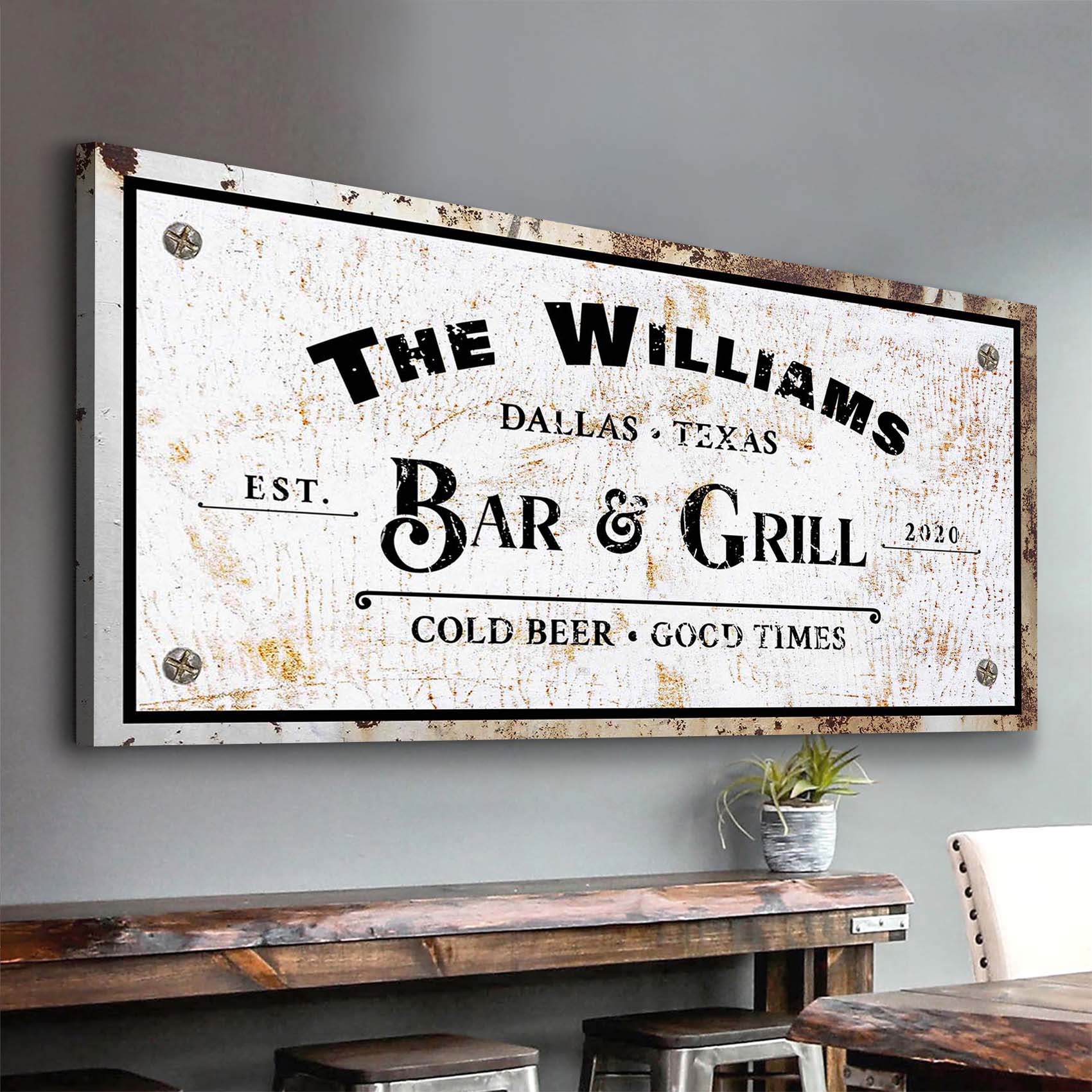 Bar and Grill Sign VIII canvas wall art by Tailored Canvases, distressed white rustic sign on Tampa Home & Garden Store