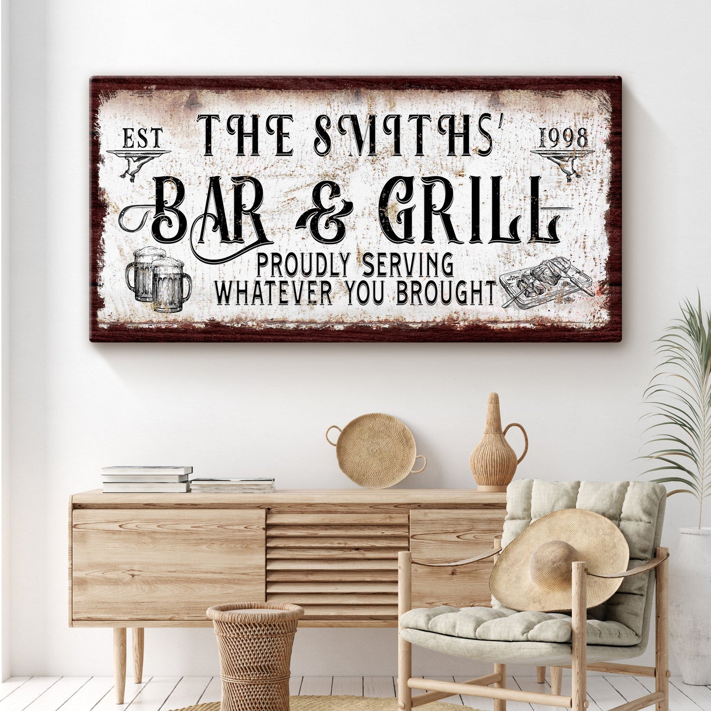Personalized Bar & Grill sign canvas with distressed white background Tailored Canvases on Tampa Home & Garden Store