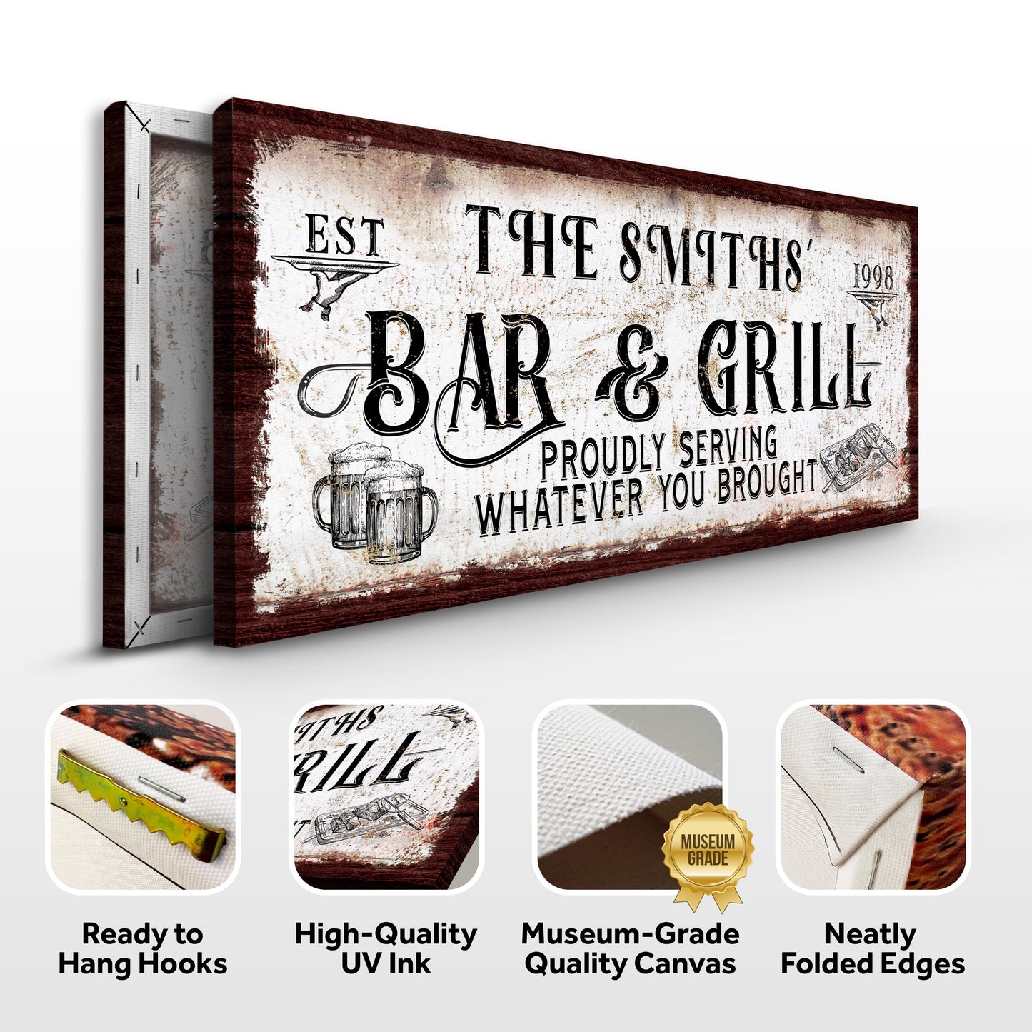 Canvas sign Bar & Grill with rustic plaque and dark wood frame Tailored Canvases on Tampa Home & Garden Store