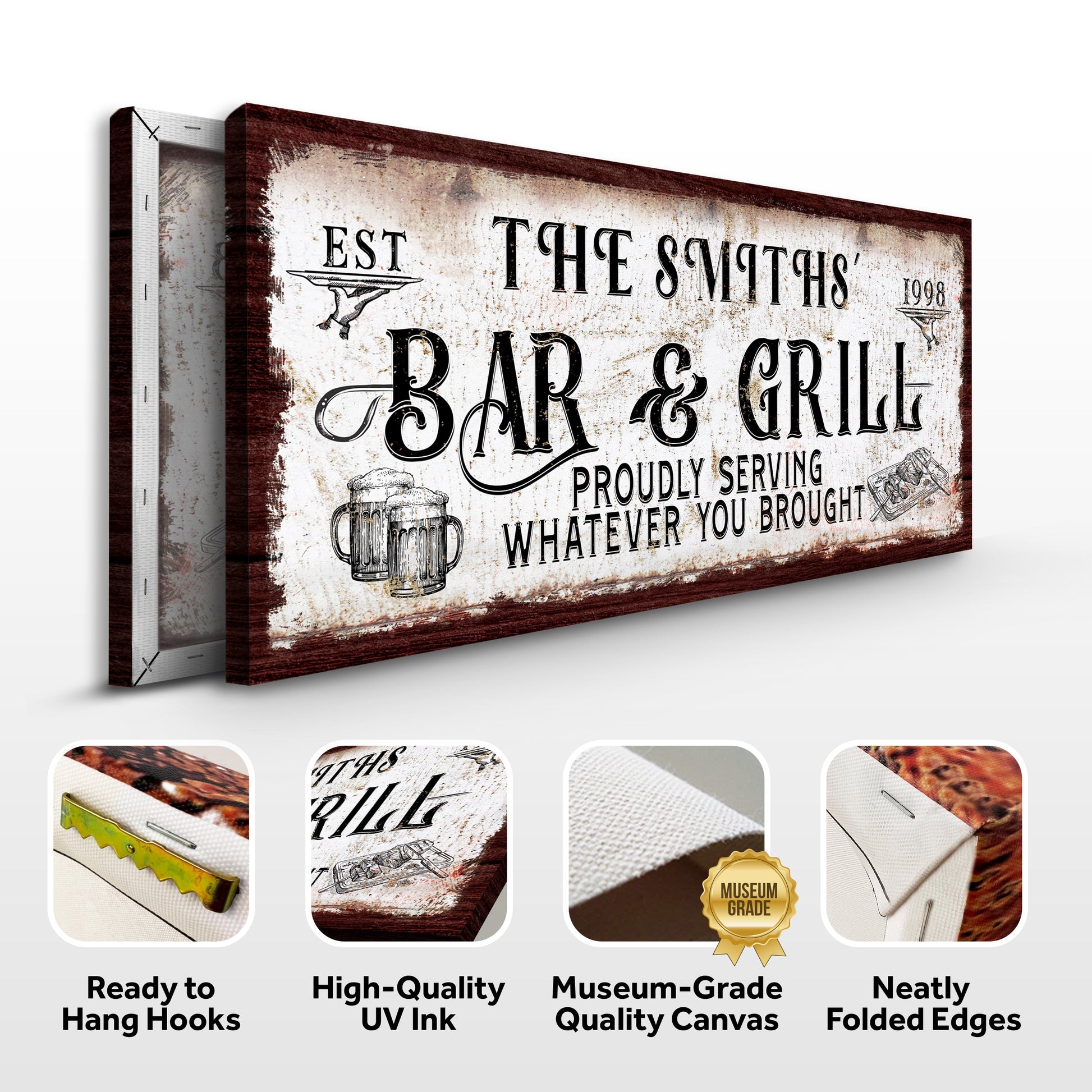 Canvas sign Bar & Grill with rustic plaque and dark wood frame Tailored Canvases on Tampa Home & Garden Store