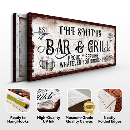 Canvas sign Bar & Grill with rustic plaque and dark wood frame Tailored Canvases on Tampa Home & Garden Store