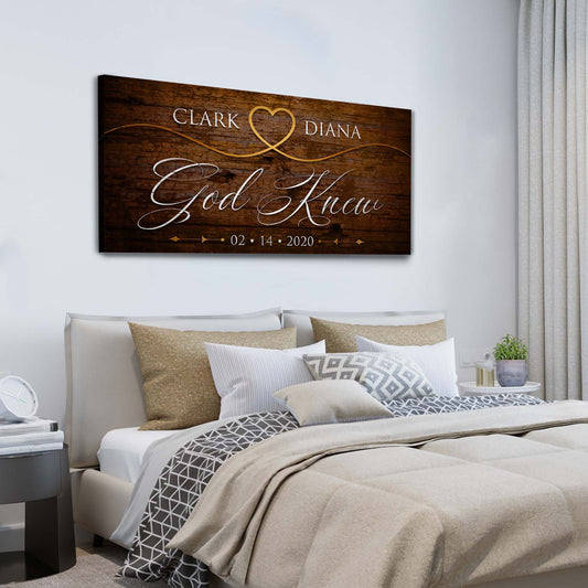 God Knew Sign II canvas by Tailored Canvases, rustic wood backdrop with script and gold heart on Tampa Home & Garden Store