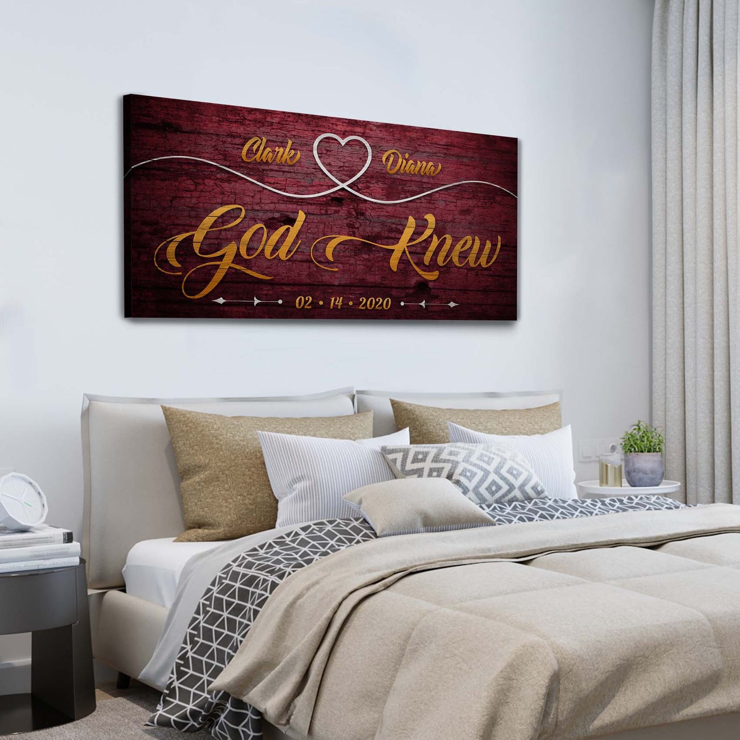 God Knew Sign II canvas by Tailored Canvases dark red wood with gold script heart motif on Tampa Home & Garden Store