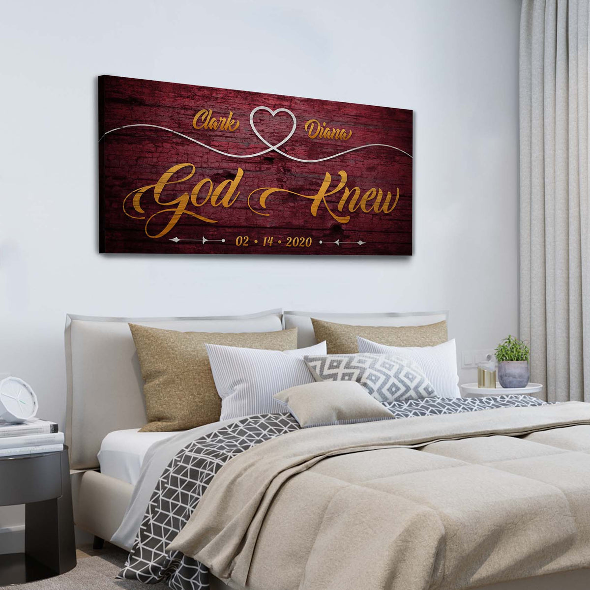 God Knew Sign II canvas by Tailored Canvases dark red wood with gold script heart motif on Tampa Home & Garden Store