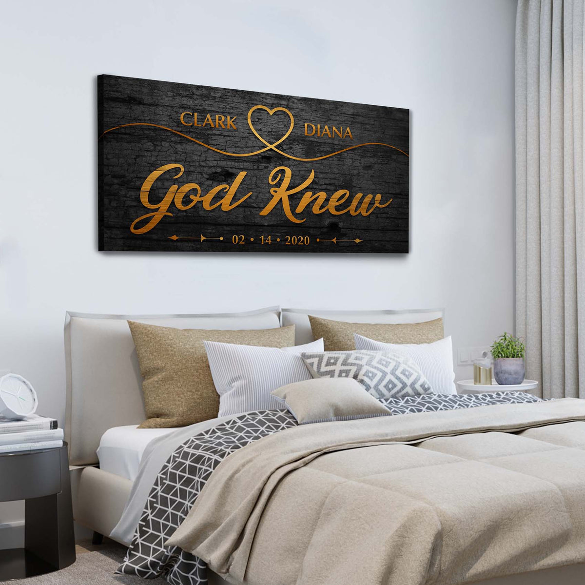 God Knew Sign II canvas wall art with black woodgrain, gold script and Clark & Diana on Tampa Home & Garden Store