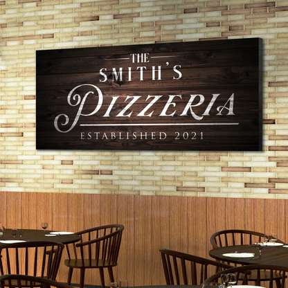 Pizzeria Sign canvas by Tailored Canvases, dark wood plank with white serif text Smith's Pizzeria 2021on Tampa Home & Garden Store