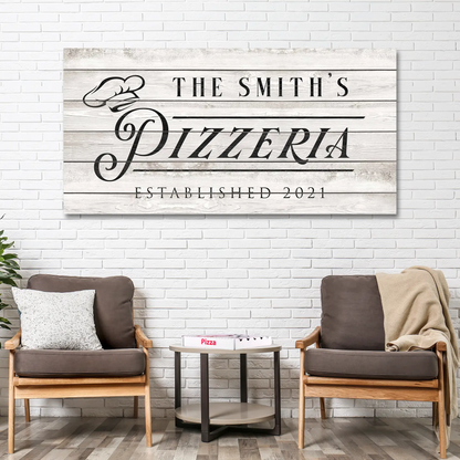 Pizzeria Sign canvas with rustic whitewashed wood and chef hat graphic Tailored Canvases on Tampa Home & Garden Store