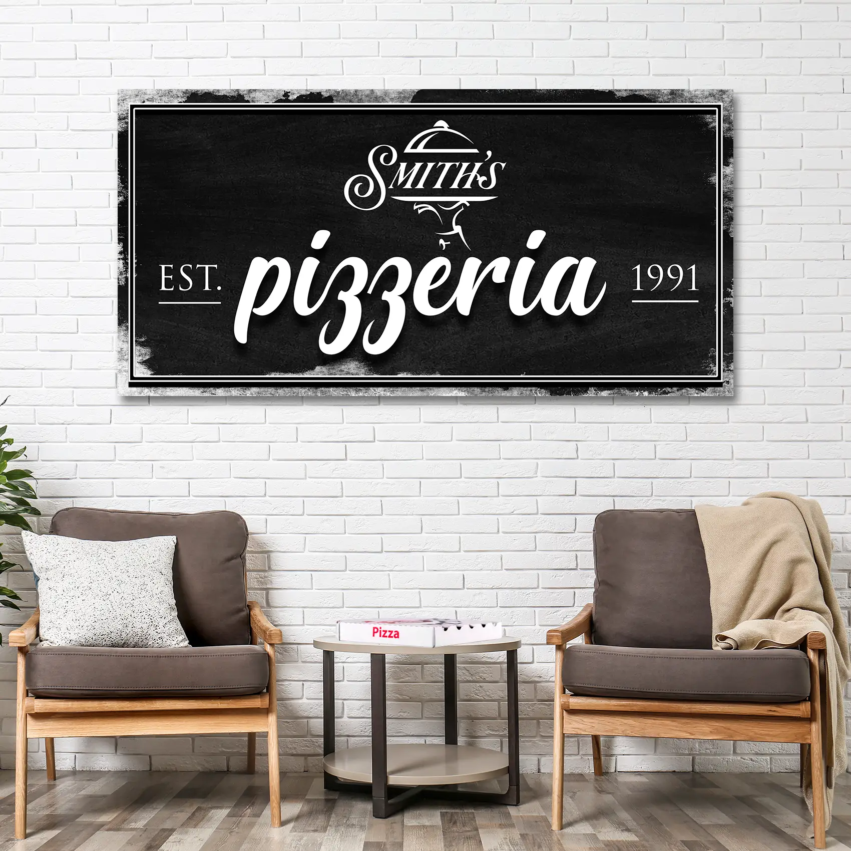 Pizzeria sign canvas by Tailored Canvases, black chalkboard style with EST. 1991 typography on Tampa Home & Garden Store