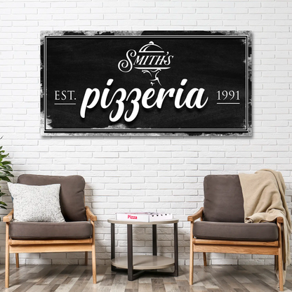 Pizzeria sign canvas by Tailored Canvases, black chalkboard style with EST. 1991 typography on Tampa Home & Garden Store