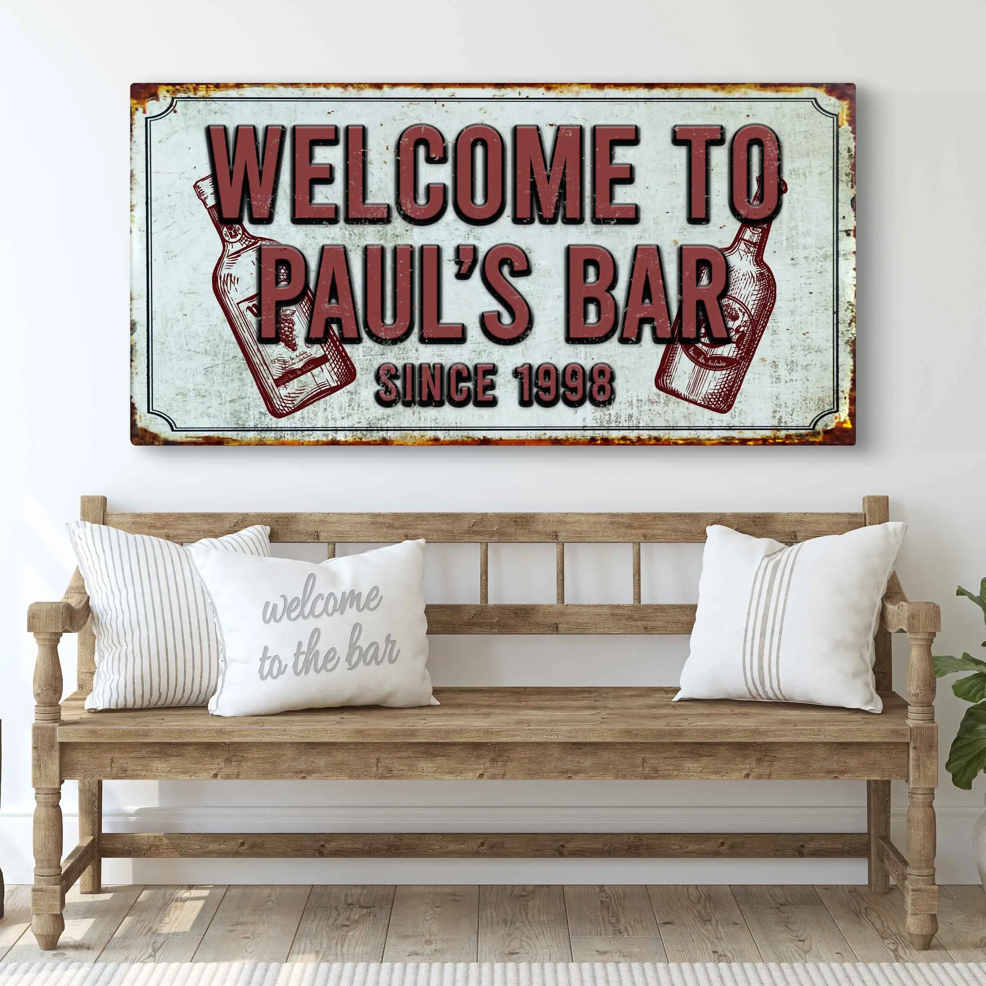 Bar Sign III canvas by Tailored Canvases, sign with Welcome to Paul’s Bar and bottle artwork on Tampa Home & Garden Store