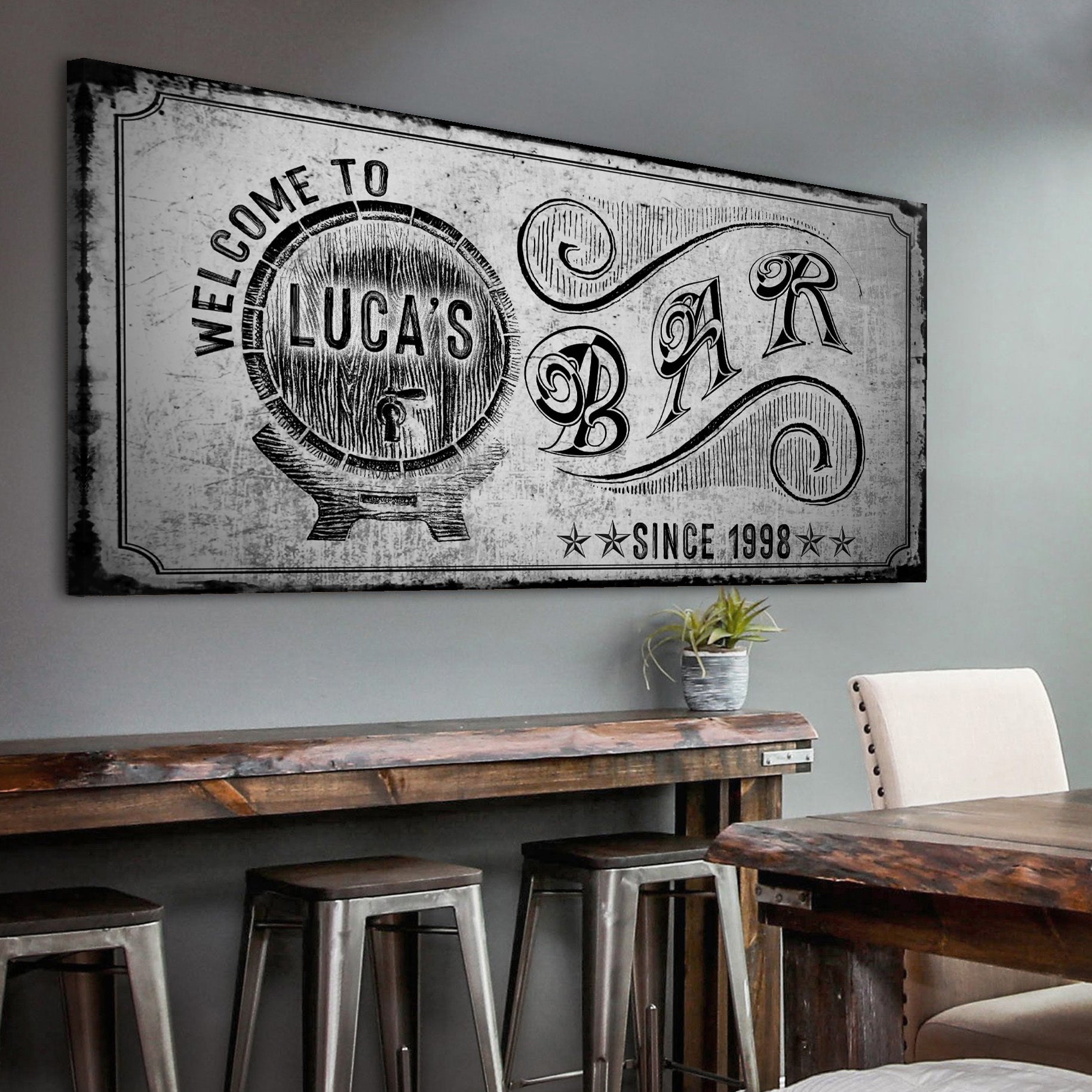 Bar sign canvas with black and white vintage design on Tampa Home & Garden Store