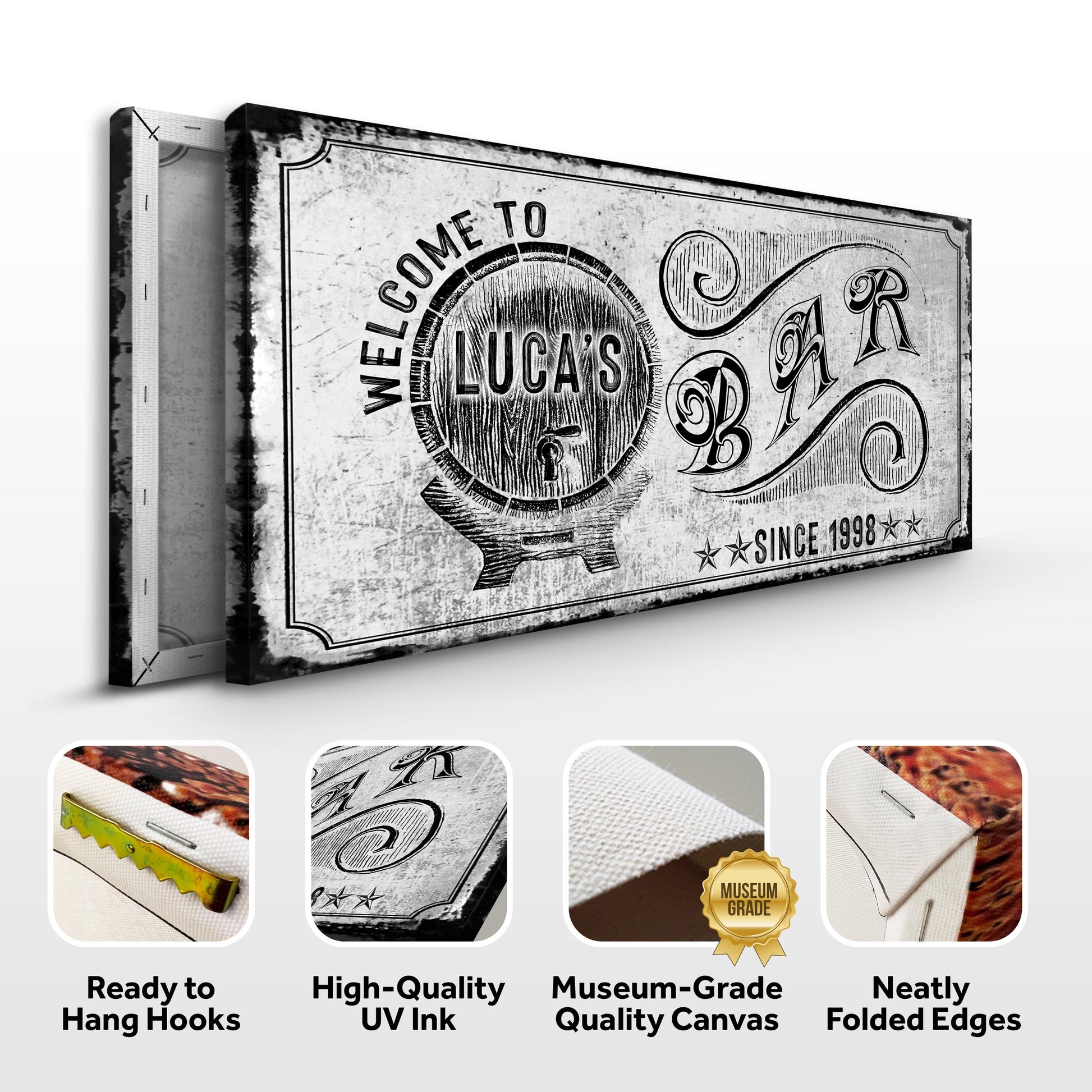 Bar Sign canvas with vintage black-and-white distressed finish by Tailored Canvases on Tampa Home & Garden Store