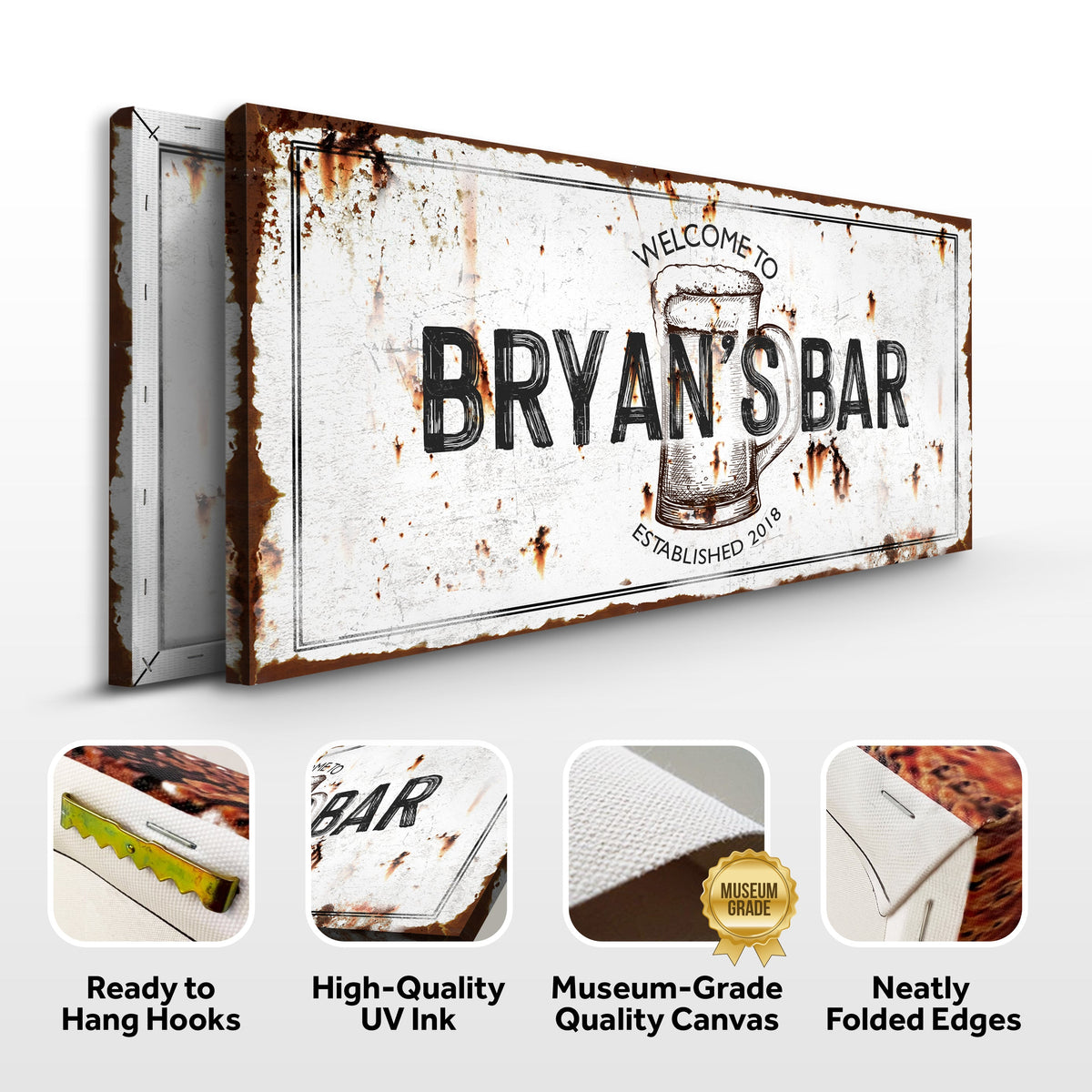 Beer Barrel Bar Sign II canvas by Tailored Canvases, rustic weathered sign with beer mug on Tampa Home & Garden Store