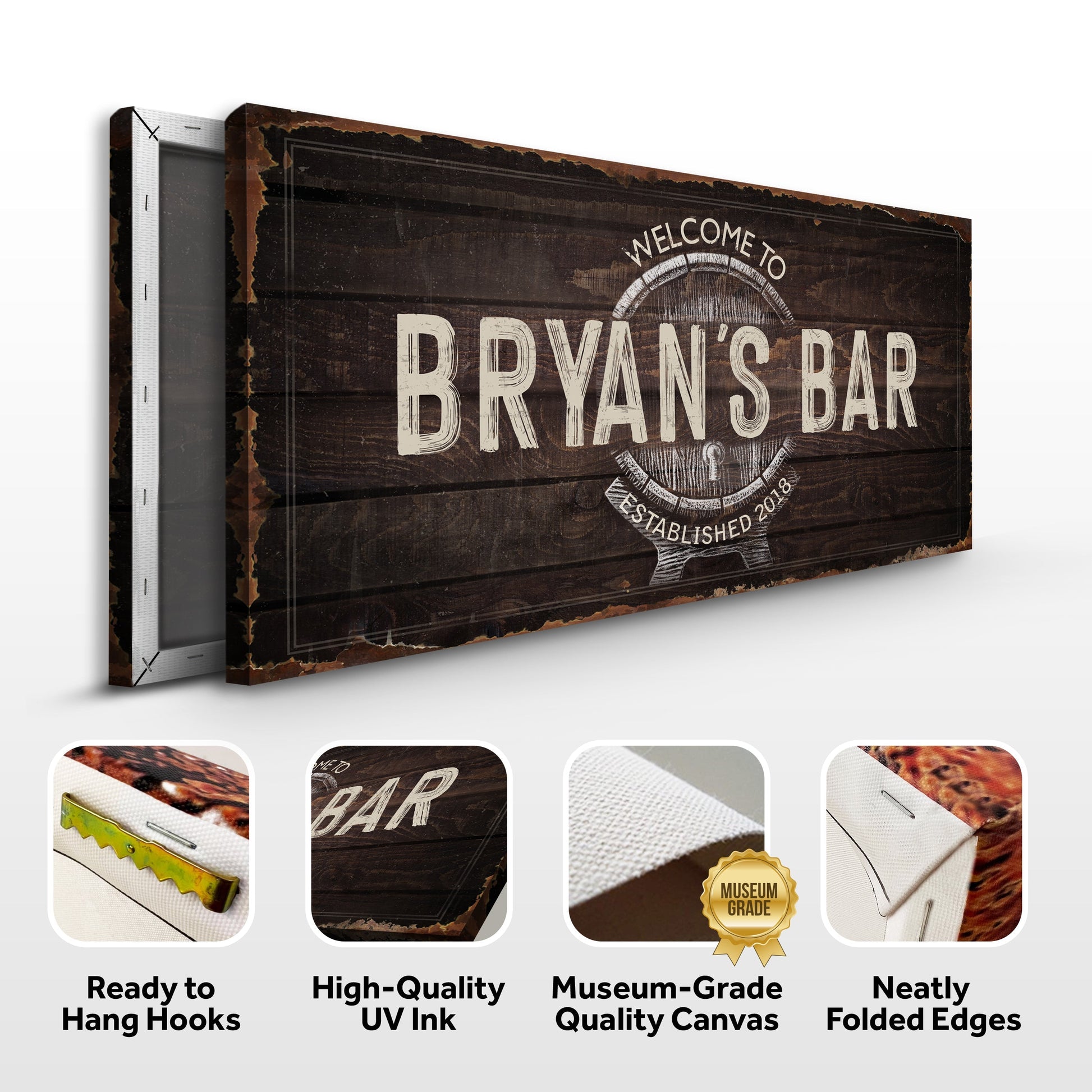 Beer Barrel Bar Sign canvas by Tailored Canvases with distressed dark wood backdrop on Tampa Home & Garden Store