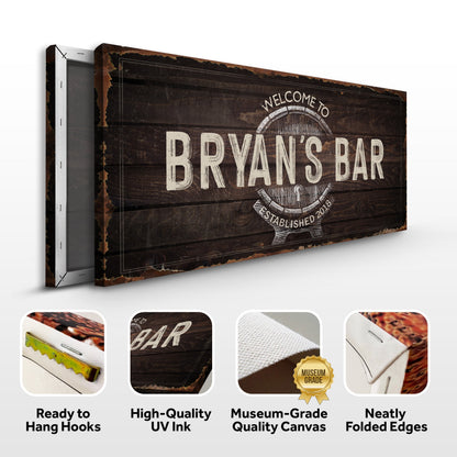 Beer Barrel Bar Sign canvas by Tailored Canvases with distressed dark wood backdrop on Tampa Home & Garden Store