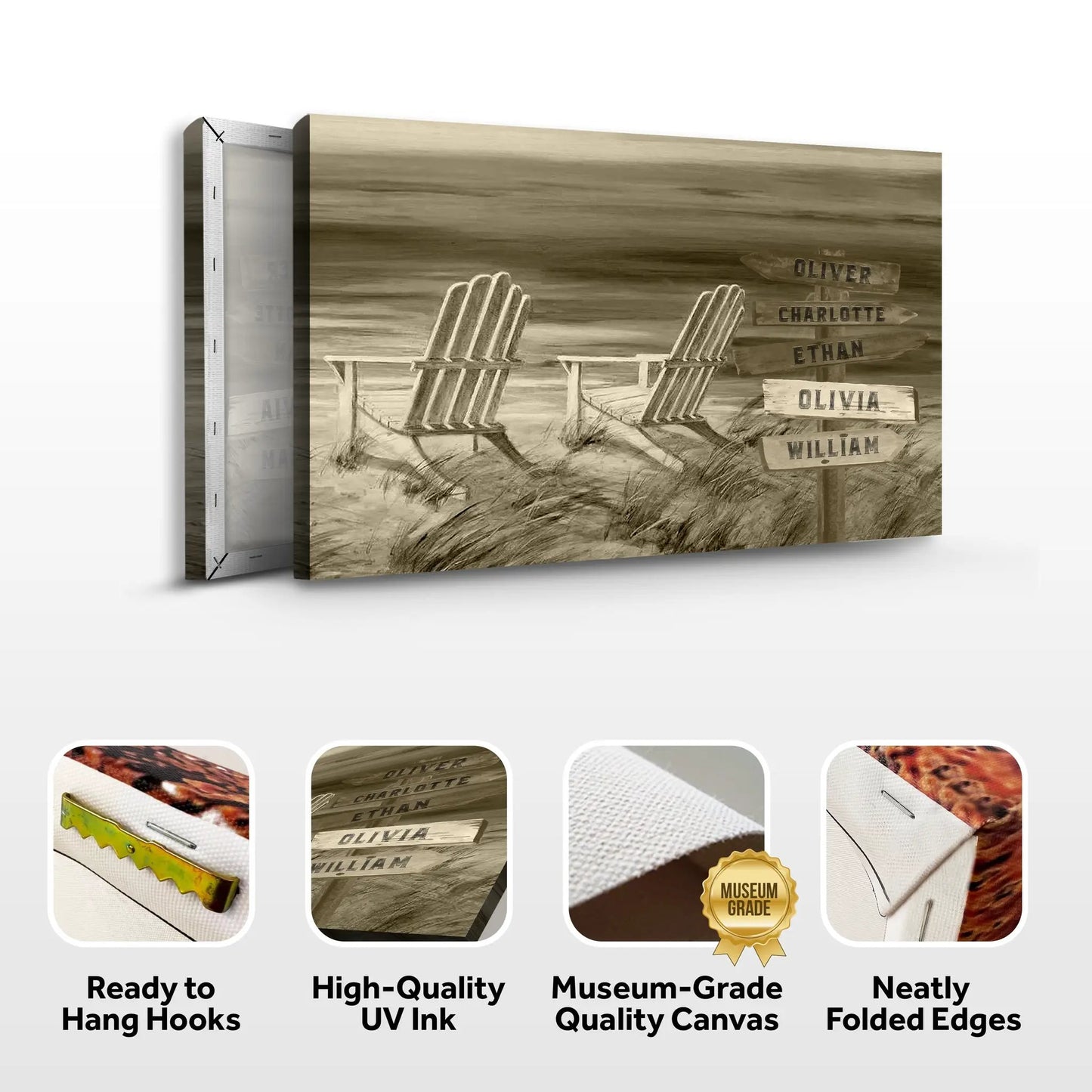 Monochrome Beach Name Sign canvas by Tailored Canvases; sepia beach scene with name signs on Tampa Home & Garden Store