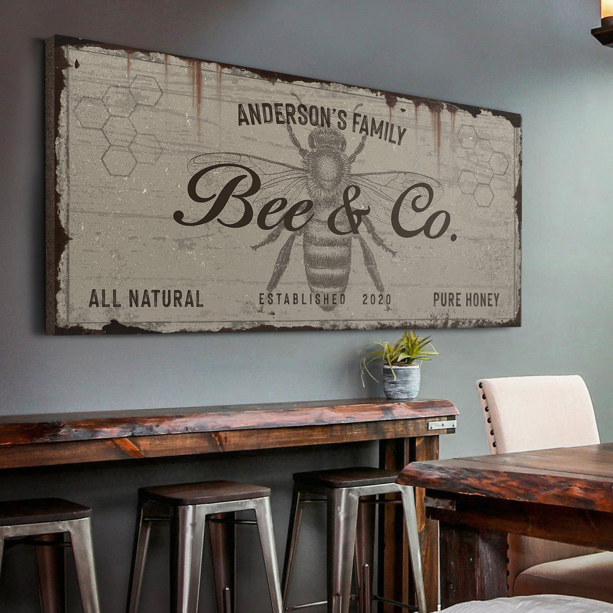 Bee and Co Sign II canvas by Tailored Canvases, distressed gray with bee and honeycomb on Tampa Home & Garden Store