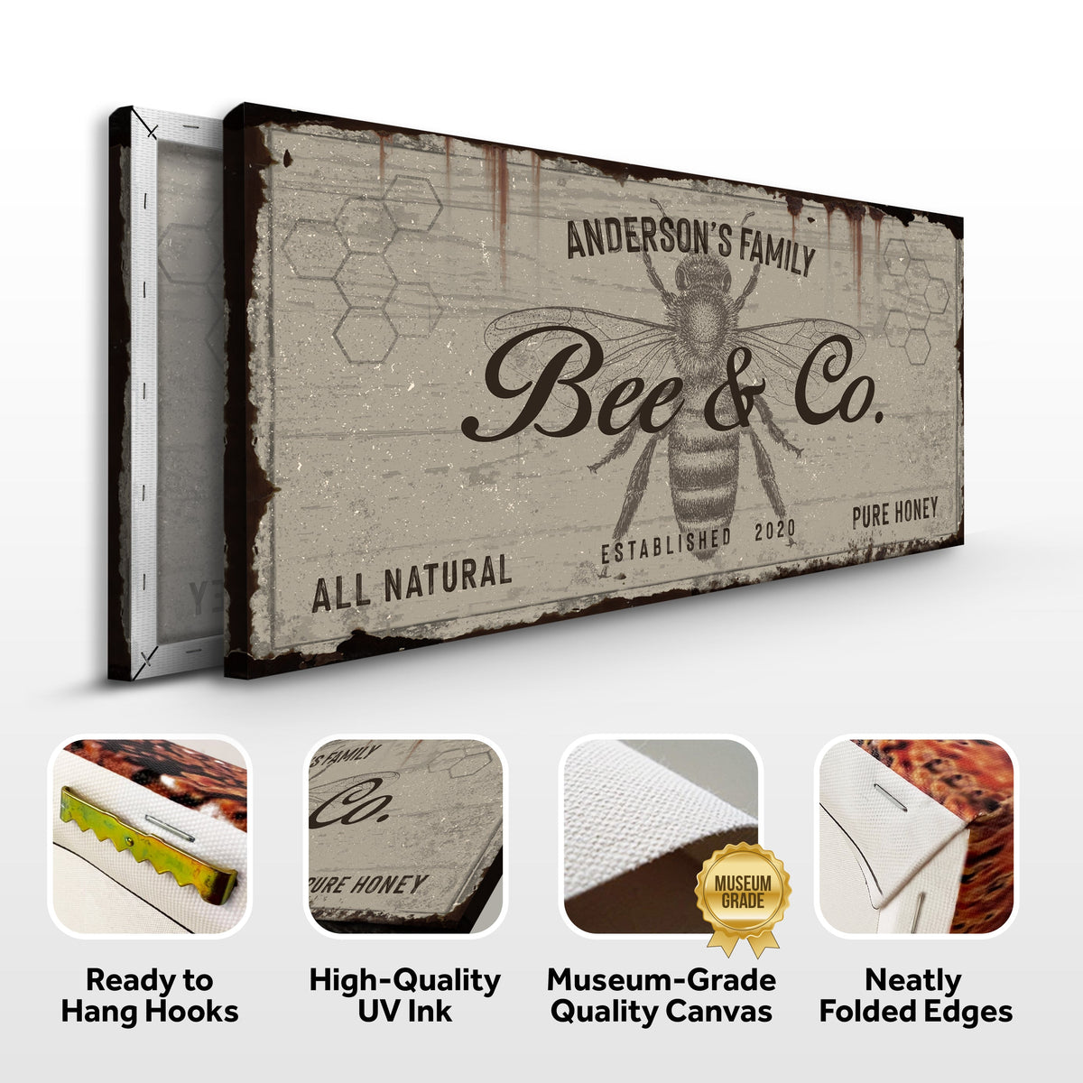 Bee and Co Sign II canvas by Tailored Canvases, rustic vintage honey bee sign on Tampa Home & Garden Store