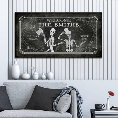 Gothic Welcome Sign canvas by Tailored Canvases, distressed black backdrop with skeletons and spiderweb border on Tampa Home & Garden Store