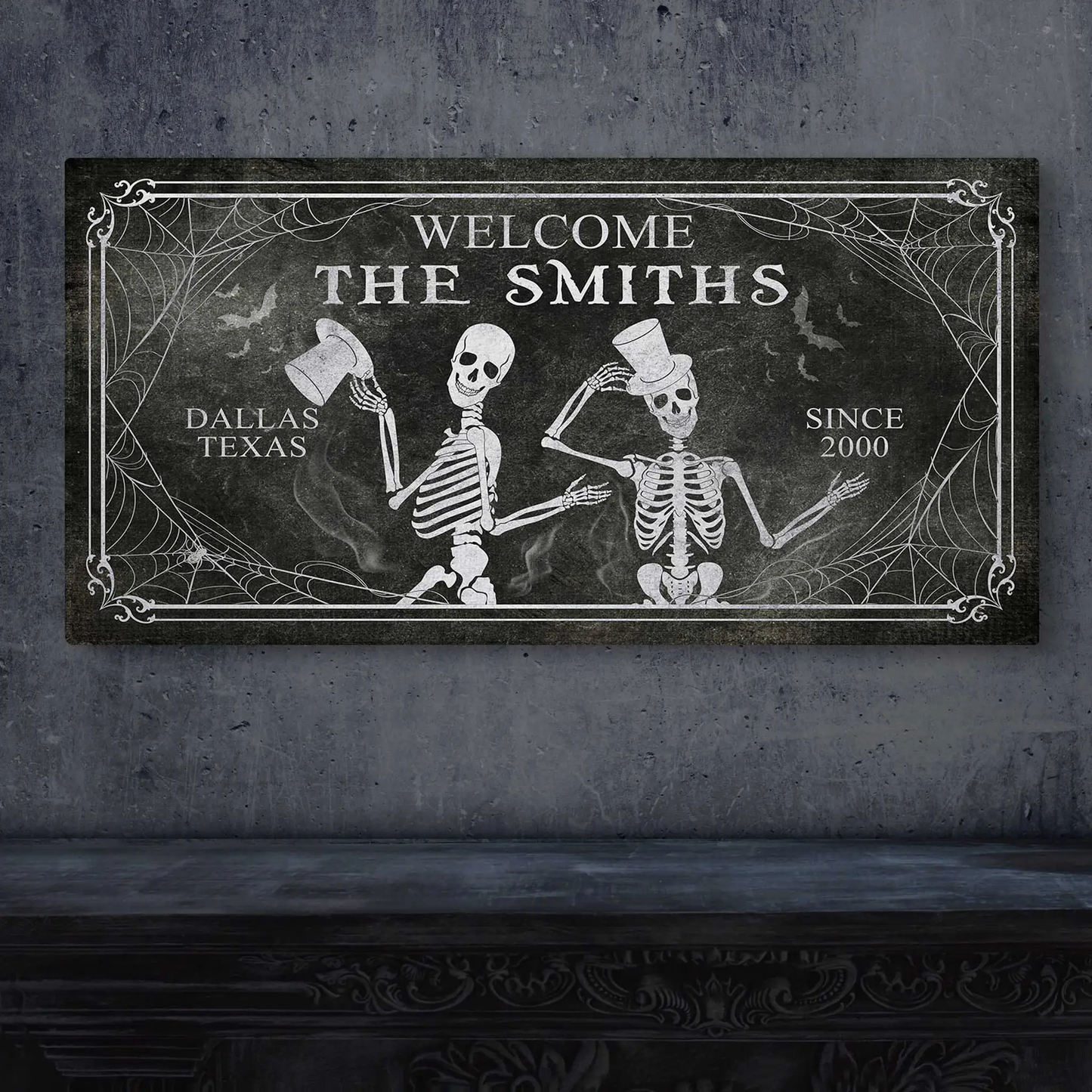 Gothic Welcome Sign canvas with skeletons and spiderweb border on distressed blackboard on Tampa Home & Garden Store