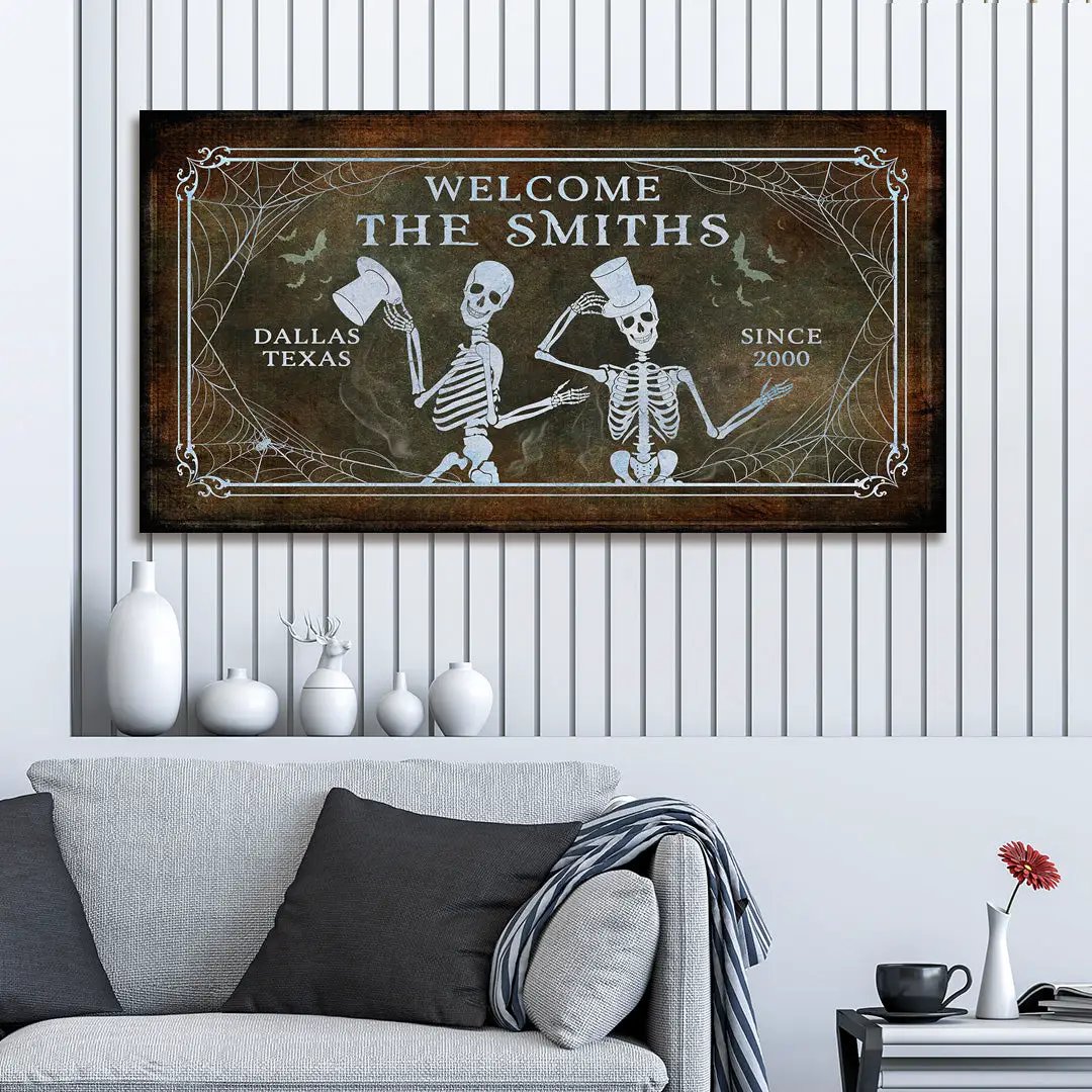 Gothic Welcome Sign canvas by Tailored Canvases; skeletons with top hats amid webs on Tampa Home & Garden Store