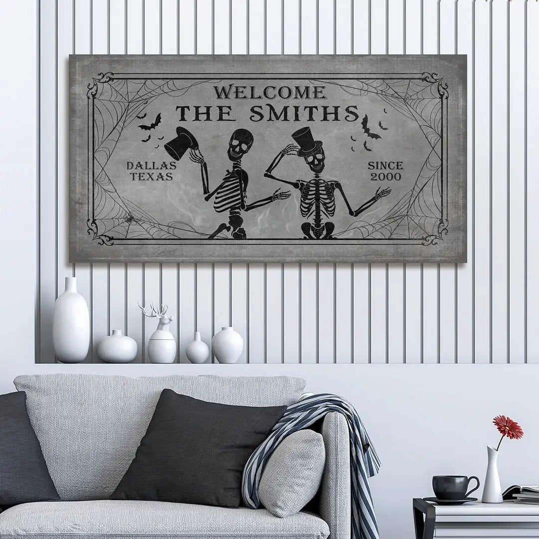 Gothic Welcome Sign canvas, gray Tailored Canvases crafting canvas with skeletons in top hats on Tampa Home & Garden Store