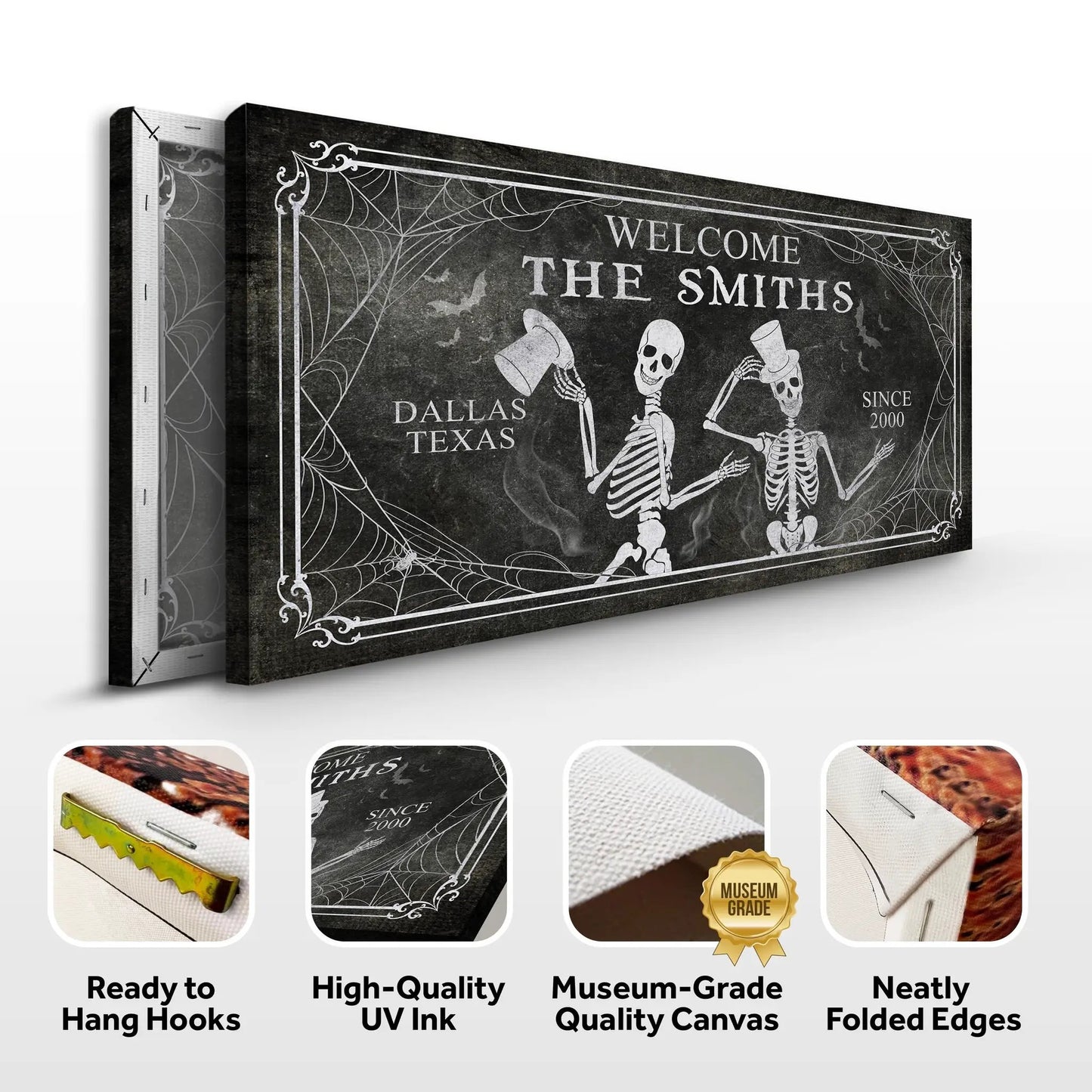 Canvas Gothic Welcome Sign by Tailored Canvases, distressed with skeletons and cobwebs on Tampa Home & Garden Store