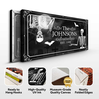 Halloween Family Name Sign canvas with skeletons on black frame by Tailored Canvases on Tampa Home & Garden Store