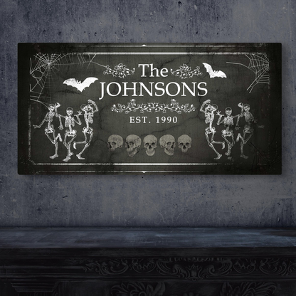 Halloween family name sign canvas with JOHNSONS skeletons and bats on chalkboard backdrop on Tampa Home & Garden Store