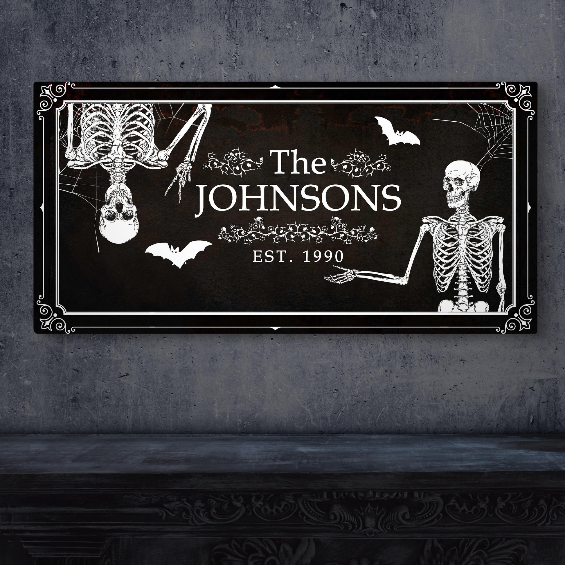 Halloween Family Name Sign canvas with skeletons and bats on black canvas by Tailored Canvases on Tampa Home & Garden Store