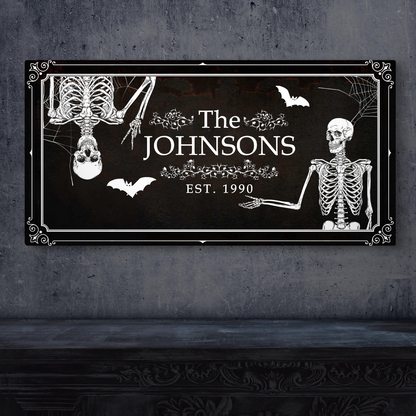 Halloween Family Name Sign canvas with skeletons and bats on black canvas by Tailored Canvases on Tampa Home & Garden Store