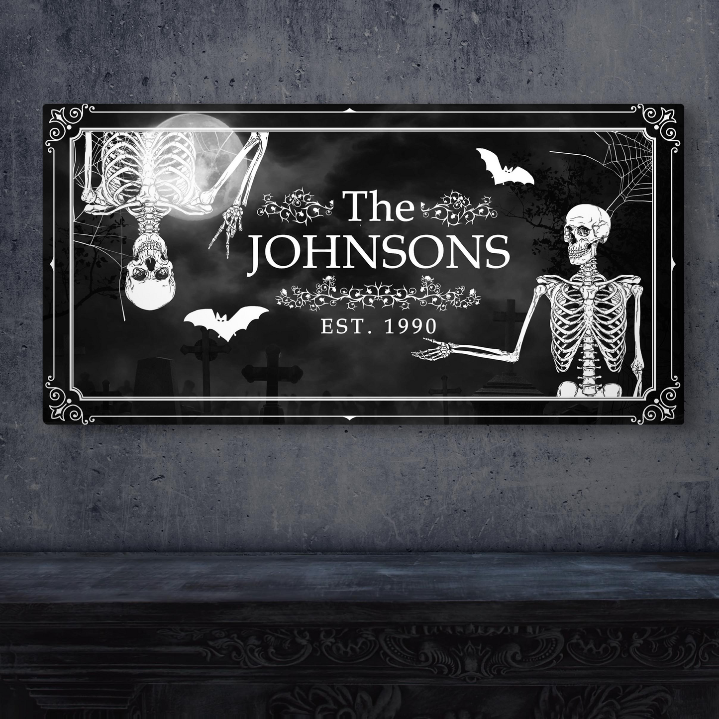 Canvas Halloween Family Name Sign by Tailored Canvases; black and white skeletons with bats on Tampa Home & Garden Store