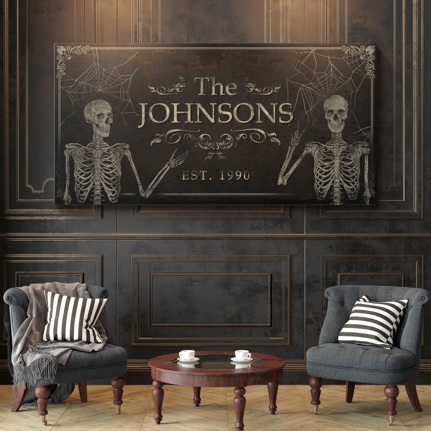 Gothic Family Sign canvas with skeletons; personalized The JOHNSONS on Tailored Canvases on Tampa Home & Garden Store