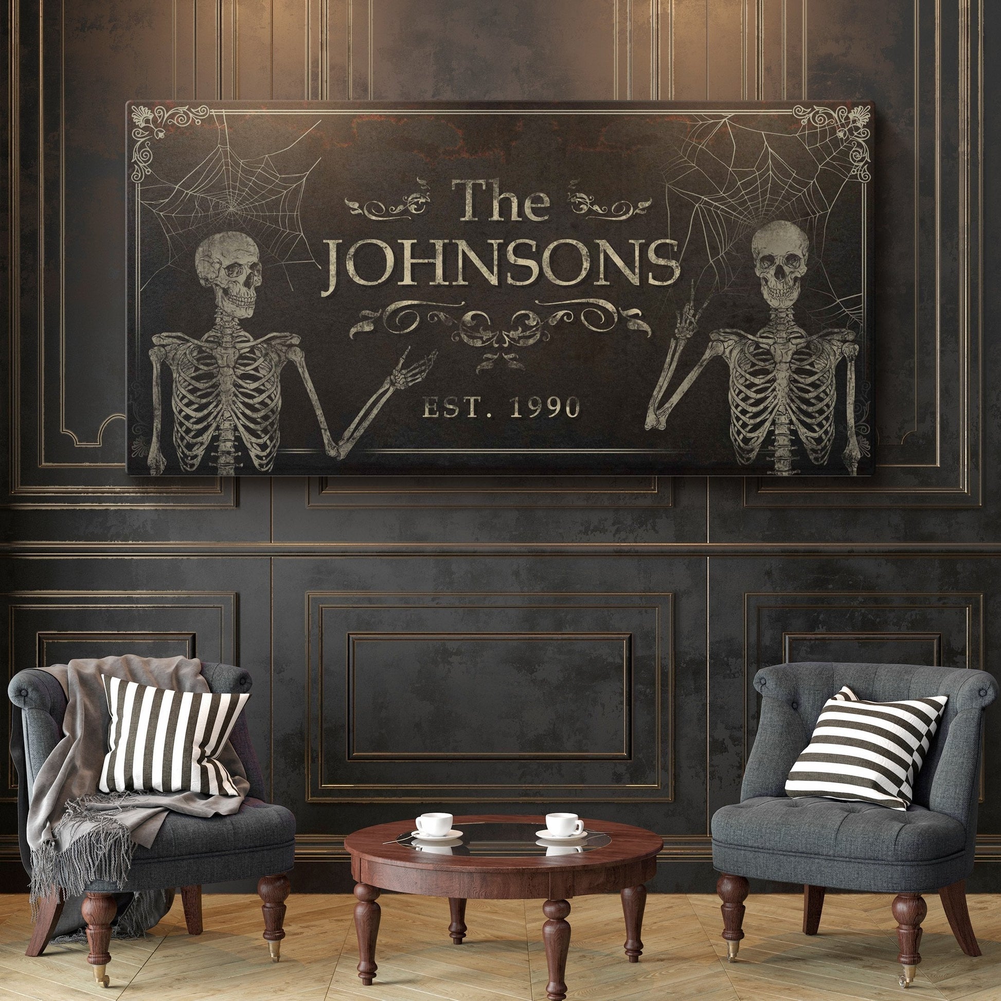 Gothic Family Sign canvas with skeletons; personalized The JOHNSONS on Tailored Canvases on Tampa Home & Garden Store