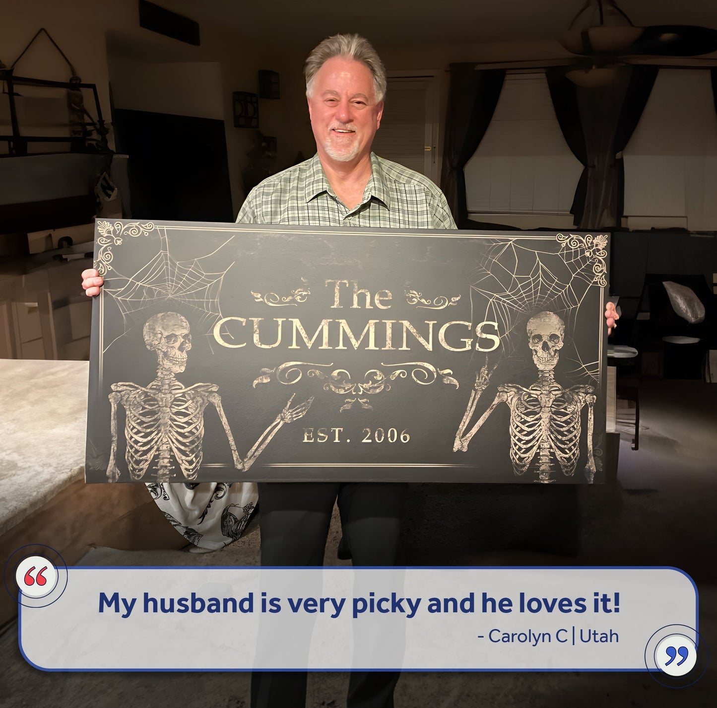 Canvas Gothic Family Sign by Tailored Canvases featuring skeletal skulls and spiderwebs on Tampa Home & Garden Store