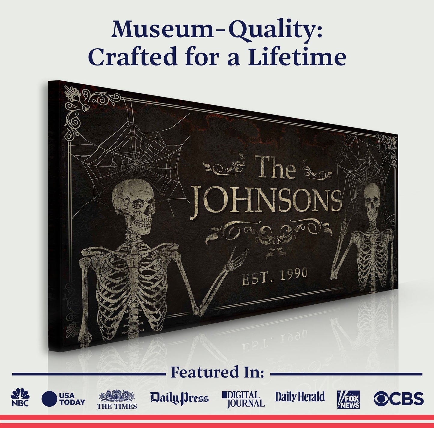 Gothic Family Sign canvas with skeletons and cobwebs, personalized Johnsons on Tampa Home & Garden Store