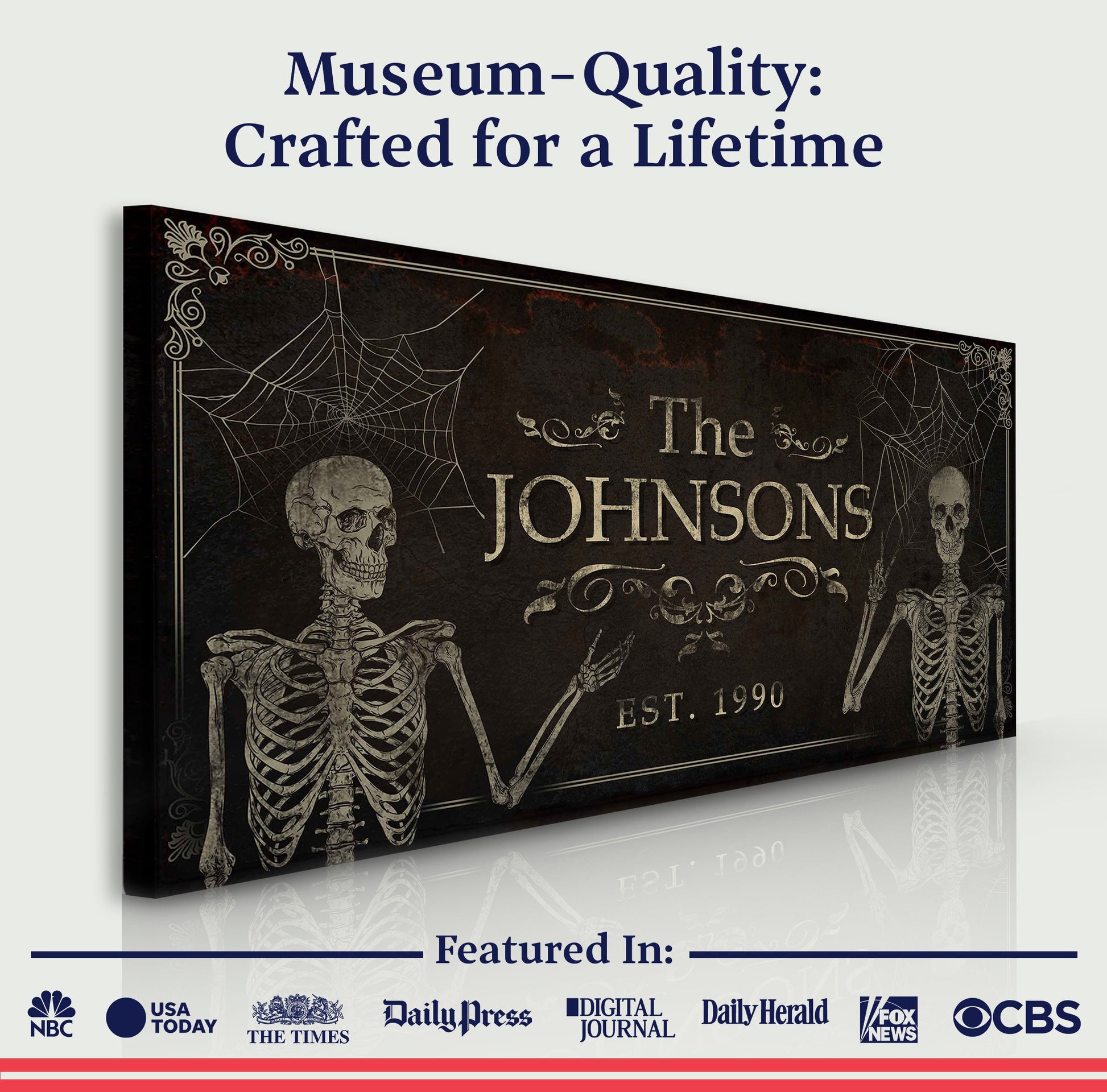Gothic Family Sign canvas with skeletons and cobwebs, personalized Johnsons on Tampa Home & Garden Store