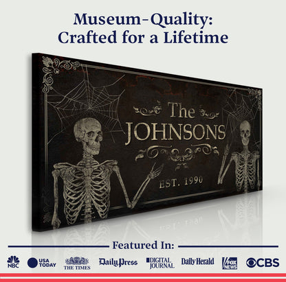 Gothic Family Sign canvas with skeletons and cobwebs, personalized Johnsons on Tampa Home & Garden Store