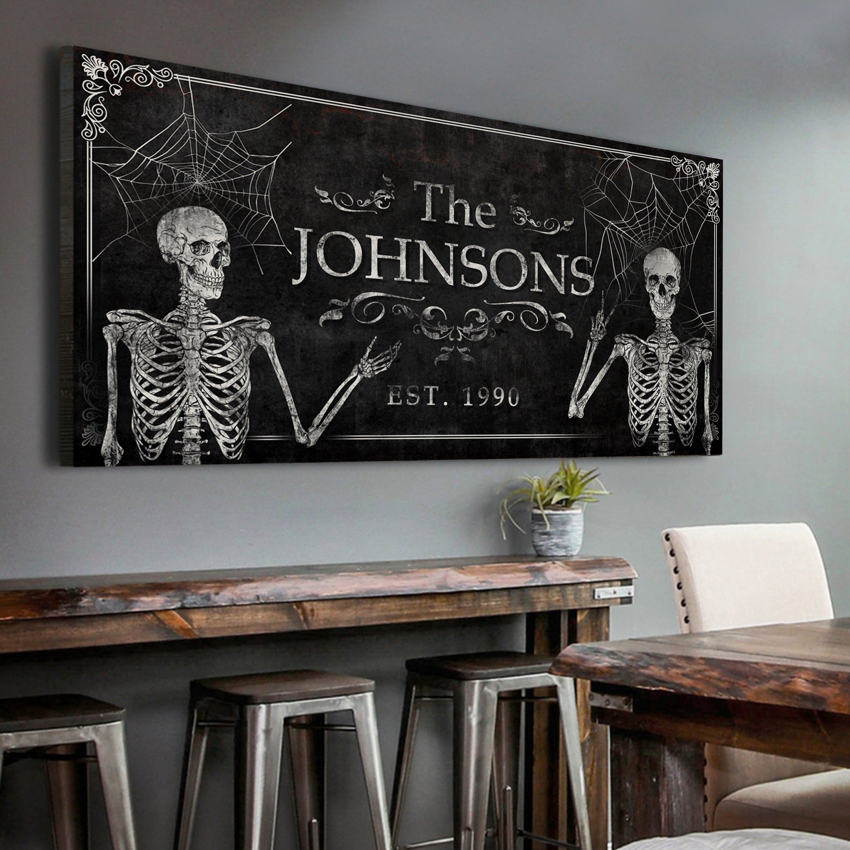 Canvas Gothic Family Sign with skeletons and spiderwebs in black and gray Tailored Canvases on Tampa Home & Garden Store