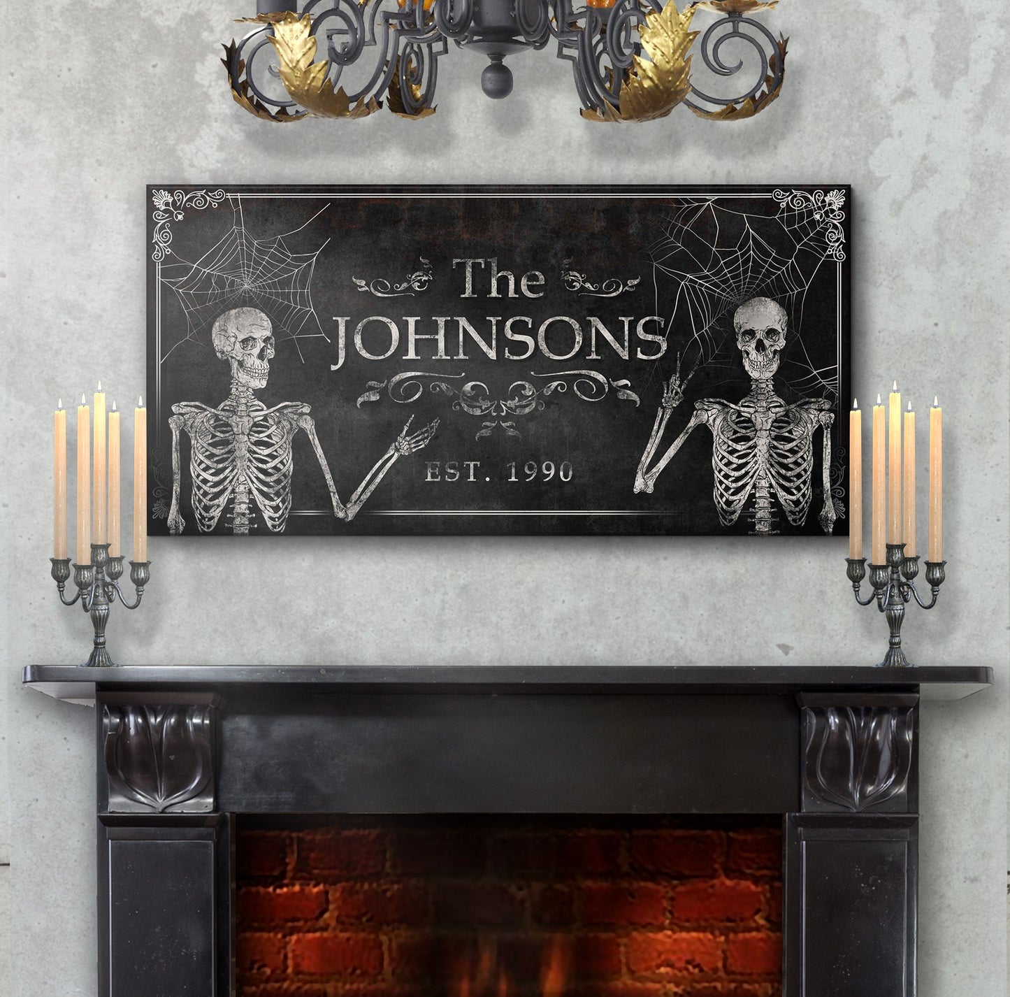Gothic Family Sign canvas with skeletons and webs, ornate border on dark background on Tampa Home & Garden Store