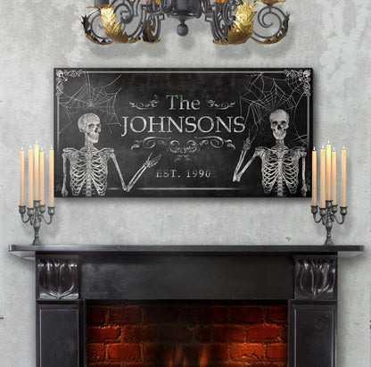 Gothic Family Sign canvas with skeletons and webs, ornate border on dark background on Tampa Home & Garden Store