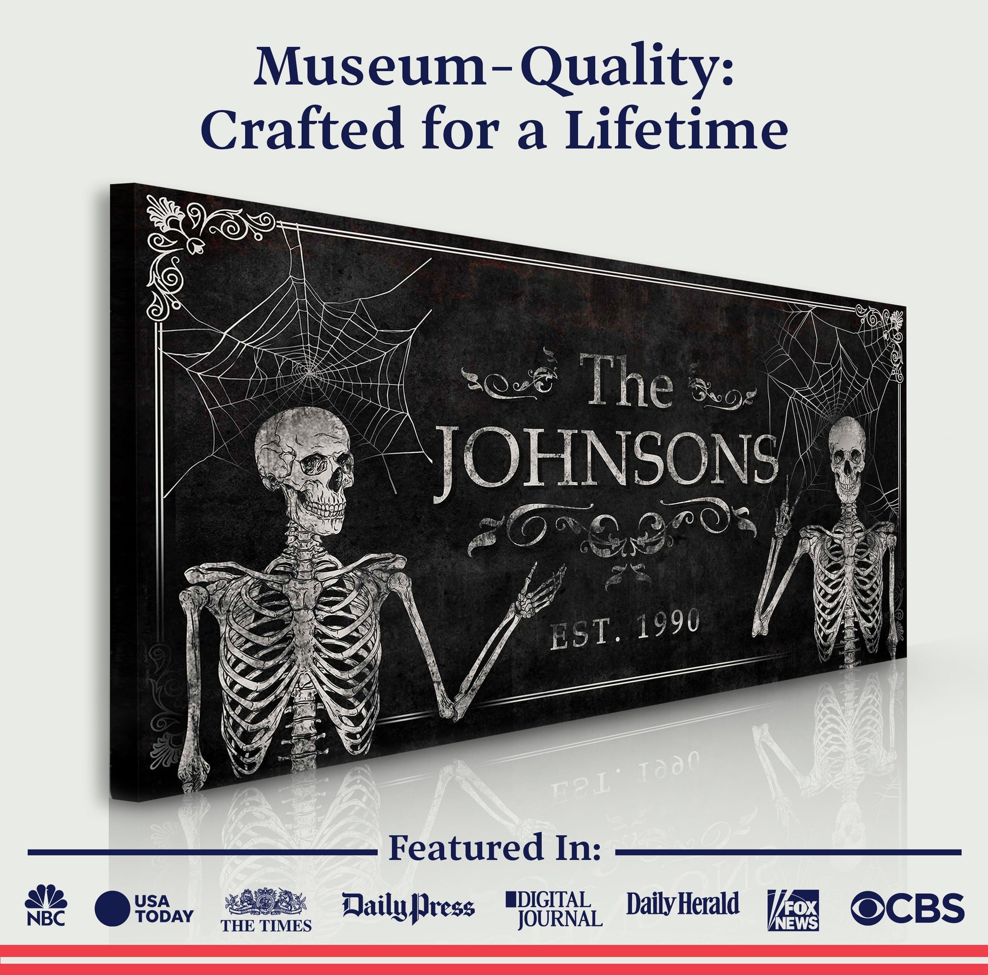 Gothic Family Sign canvas by Tailored Canvases, black with skulls and spiderweb border on Tampa Home & Garden Store