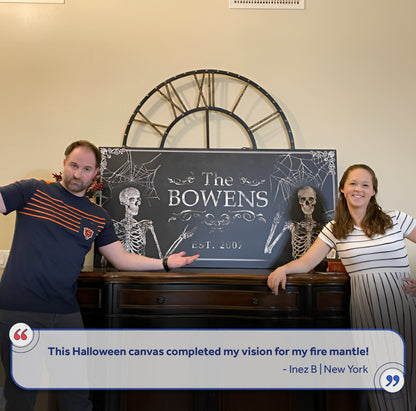 Gothic family sign canvas by Tailored Canvases featuring skeletons on a chalkboard backdrop on Tampa Home & Garden Store