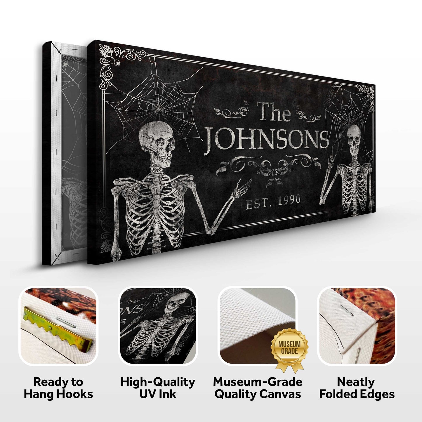 Gothic Family Sign Canvas by Tailored Canvases with personalized black distressed design featuring skulls and spider webs on Tampa Home & Garden Store