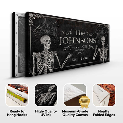 Gothic Family Sign Canvas by Tailored Canvases with personalized black distressed design featuring skulls and spider webs on Tampa Home & Garden Store