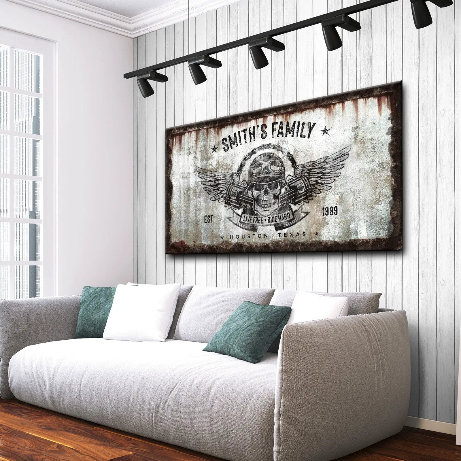 Live Free Ride Hard Sign canvas by Tailored Canvases with skull wings on rustic backdrop on Tampa Home & Garden Store